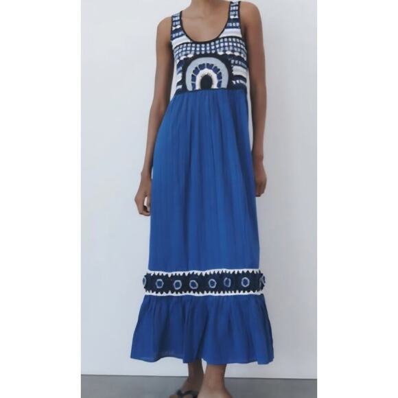 Zara Maxi Dress Contrast Blue Crochet Knit Top Ruffle Hem Sz M boho summer beach - Picture 1 of 8